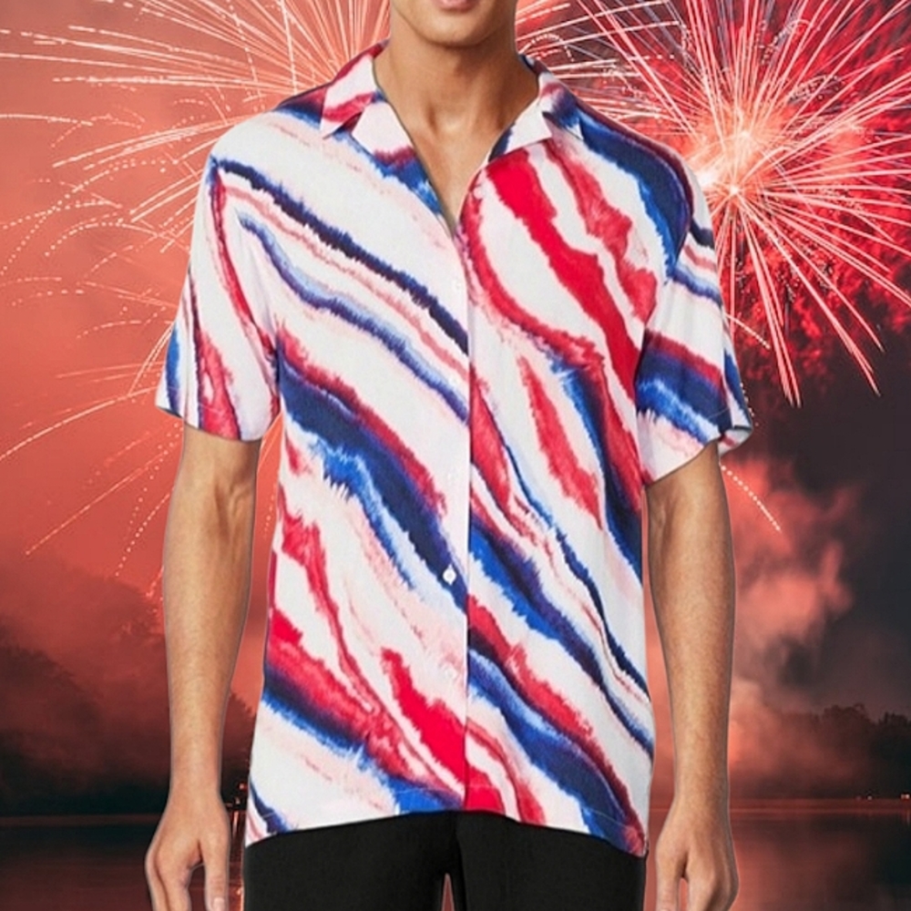 NO BOUNDARIES Patriotic Red White and Blue Tie Dye Print Casual Resort Shirt